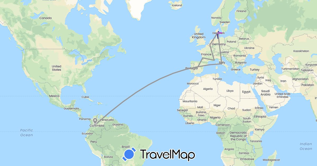 TravelMap itinerary: driving, plane, train in Belgium, Colombia, Germany, Denmark, Spain, France, Italy (Europe, South America)